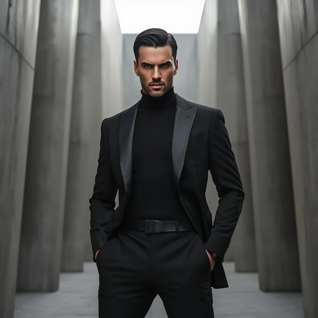A Dapper Man in an All Black Modern suit | gemini ai prompt