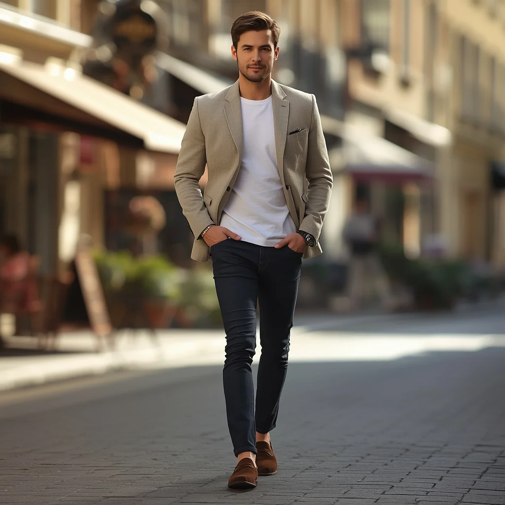 A Dashing Gentleman Posing in a Tailored Casual Blazer | free ai prompt