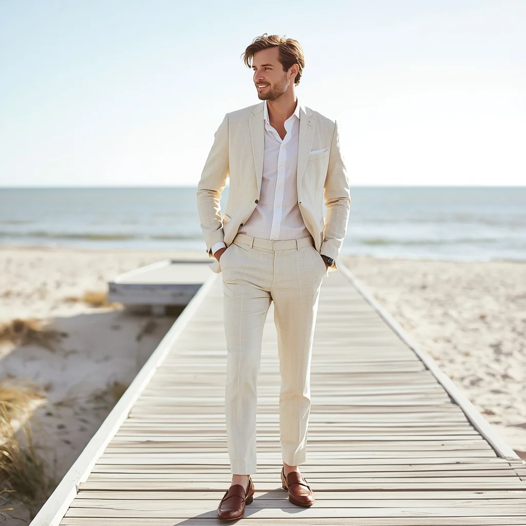 A handsome groom in a light cream linen suit | Handsome Groom Cream