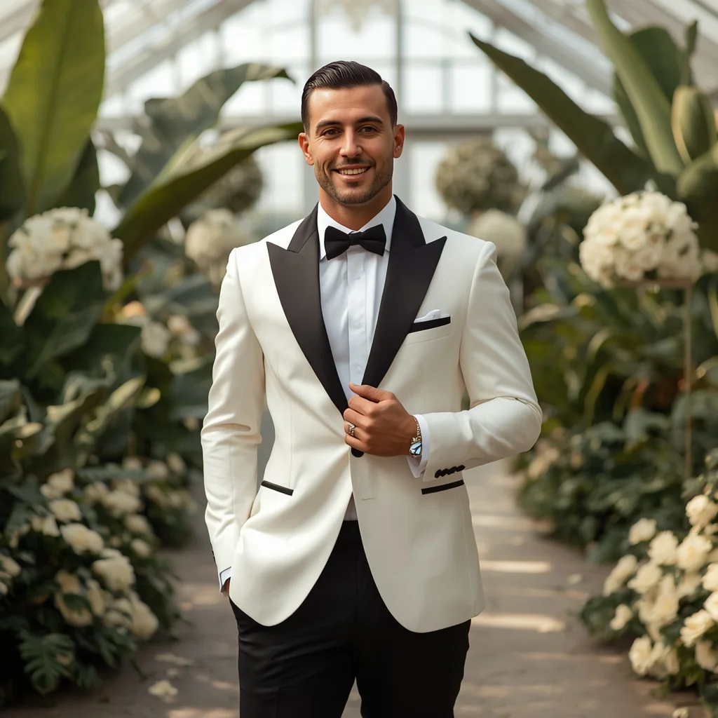 A handsome groom in a sharp white tuxedo jacket | Handsome Groom Sharp