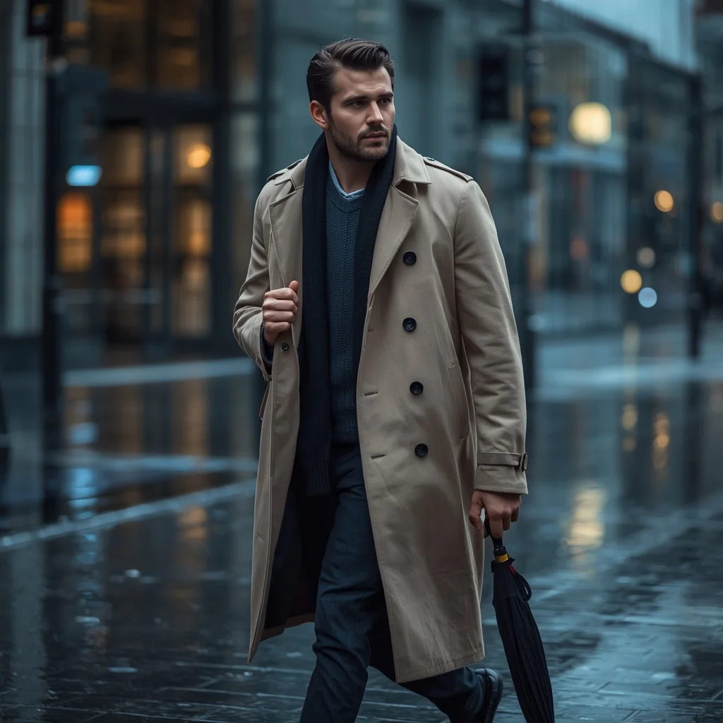 A handsome man in a beige trench coat and scarf | Handsome Man Classic
