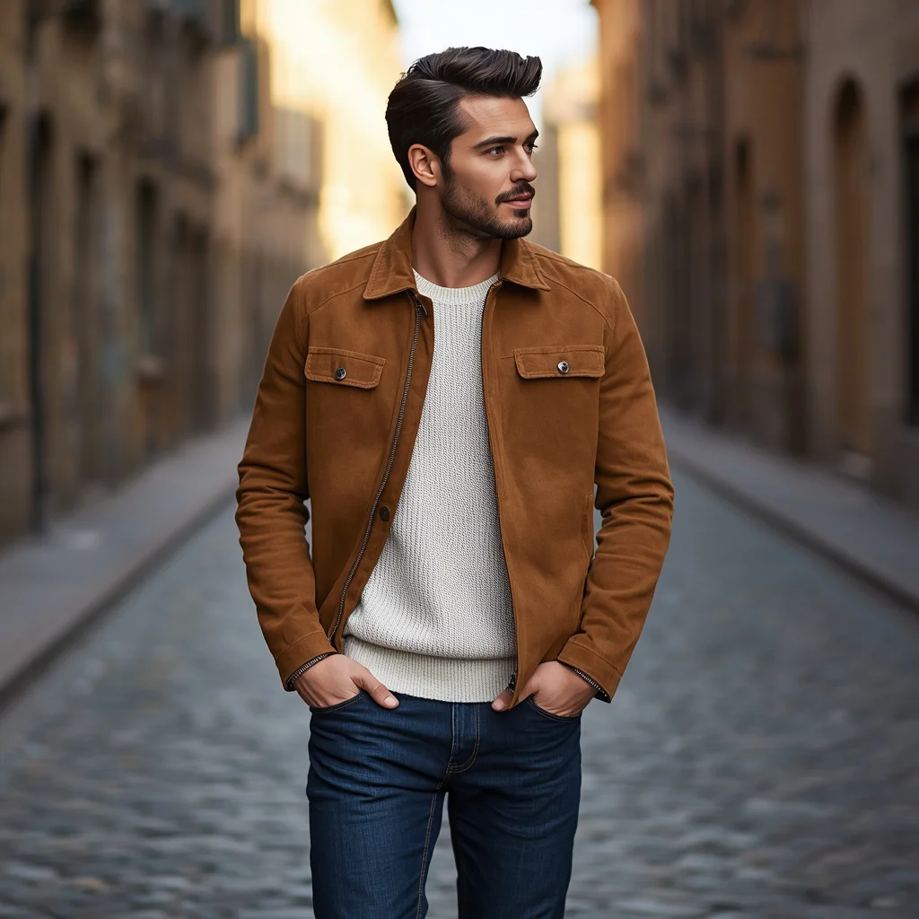 A handsome man in a tan suede jacket | Handsome Man Premium