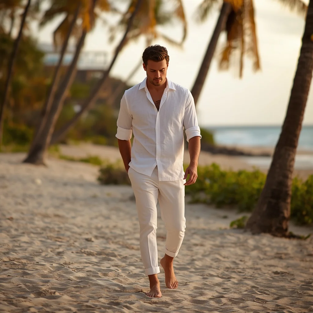 A handsome man in a white linen shirt and trousers | Handsome Man Relaxed