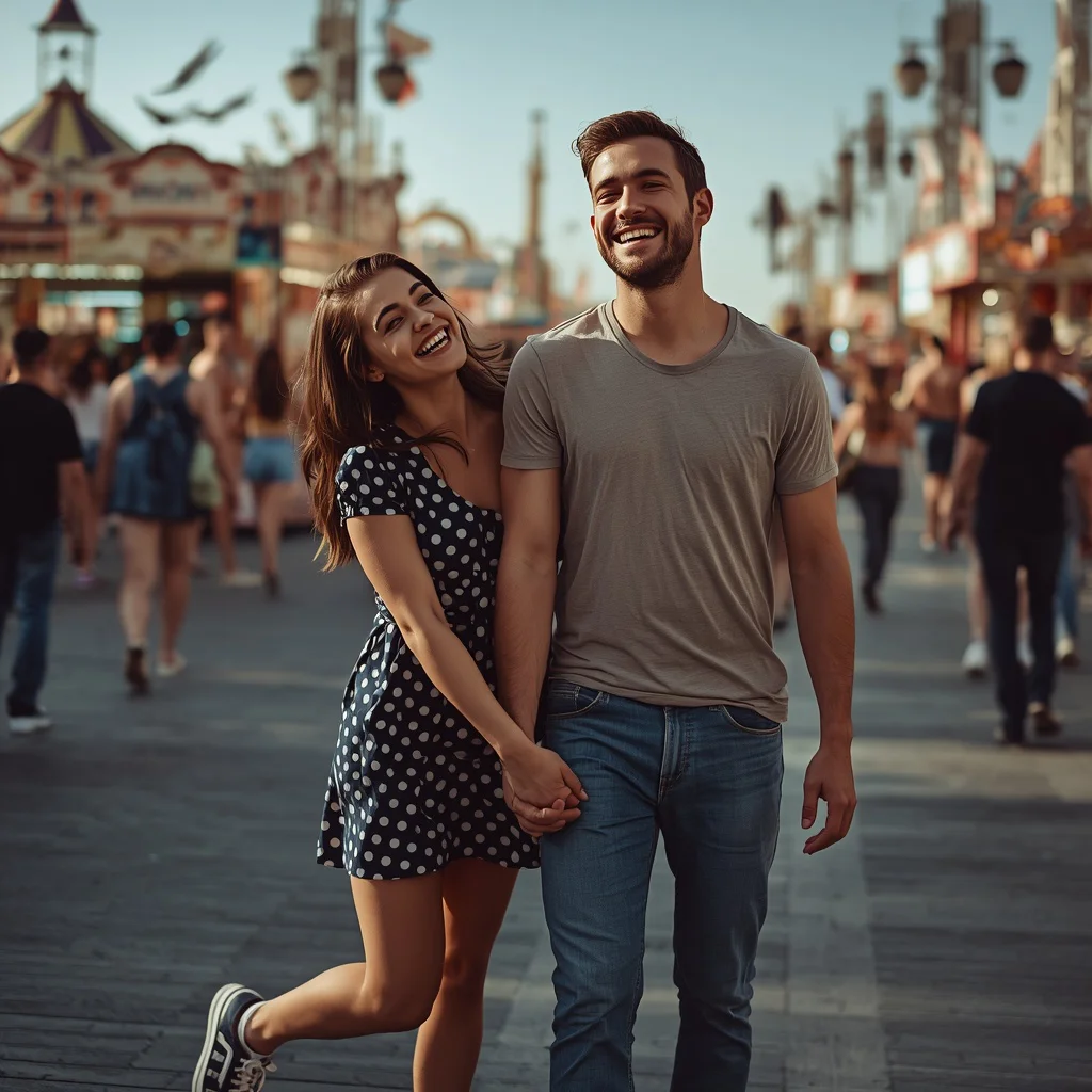 A joyful couple laughing candidly at a bustling fairground | Photo editing prompts ChatGPT