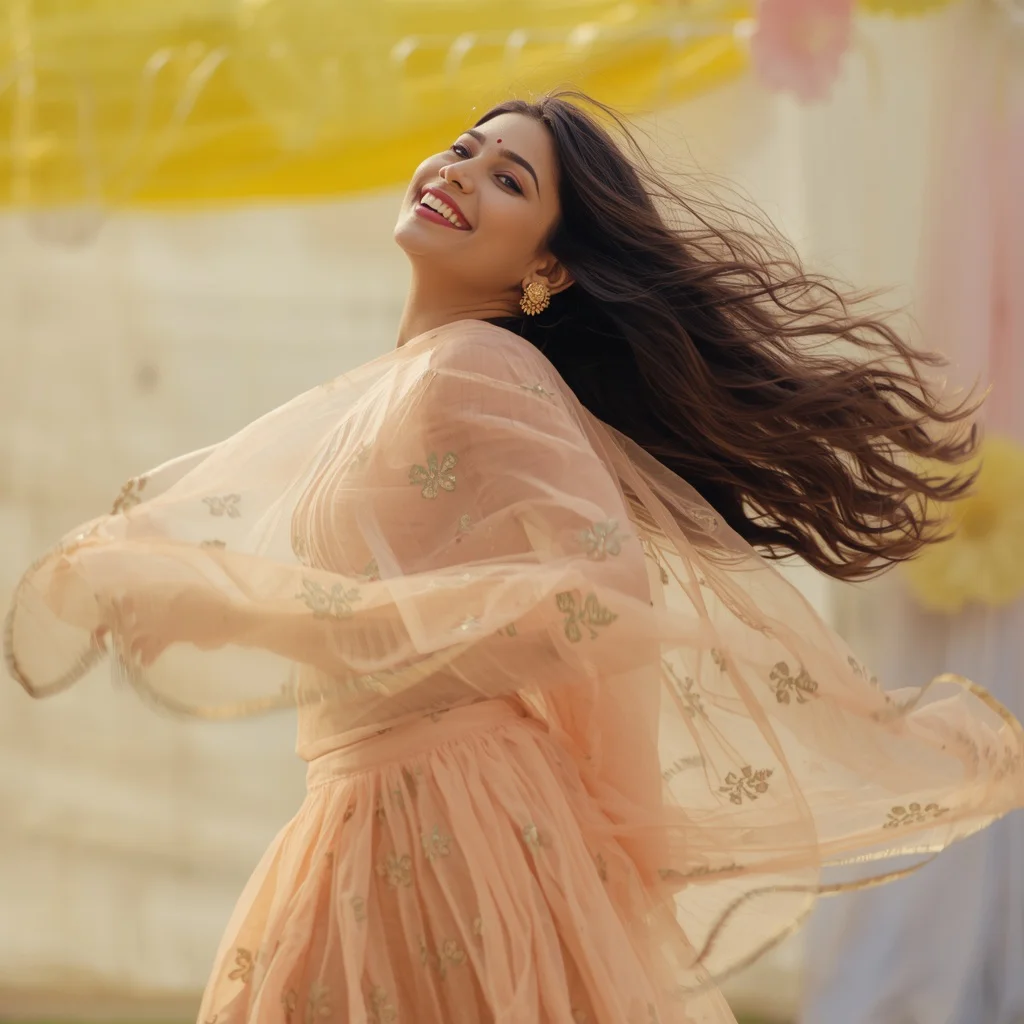 A Playful Twirl with a Peach Net Saree and Loose Hair | saree prompt seen