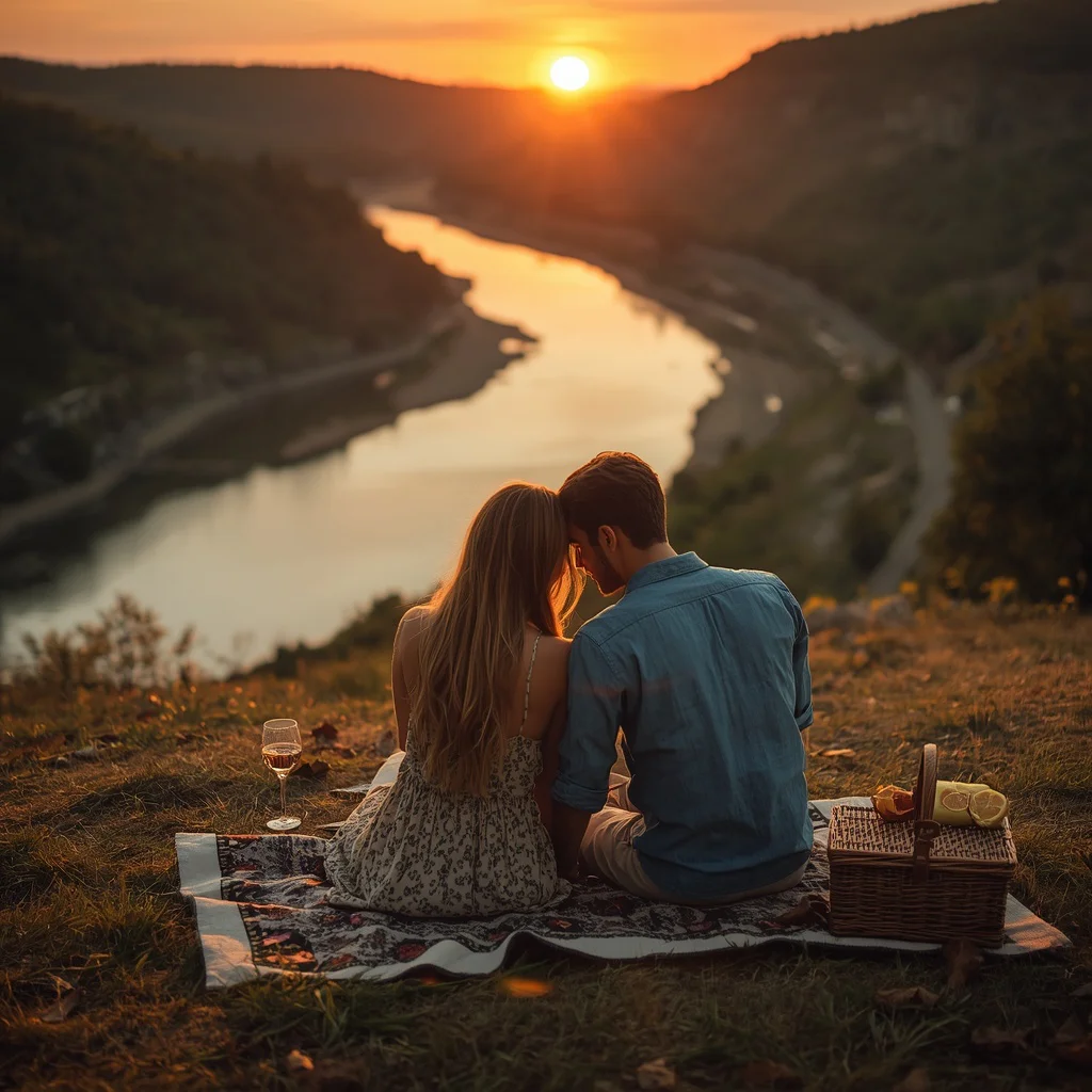 A romantic couple enjoying a sunset picnic by a scenic river | romantic couple ai prompt