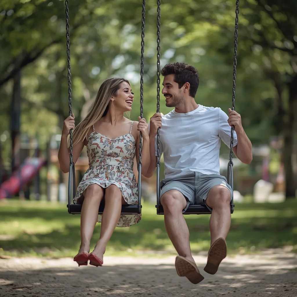 A romantic couple sharing a joyful laugh on a park swing | couple ai prompt