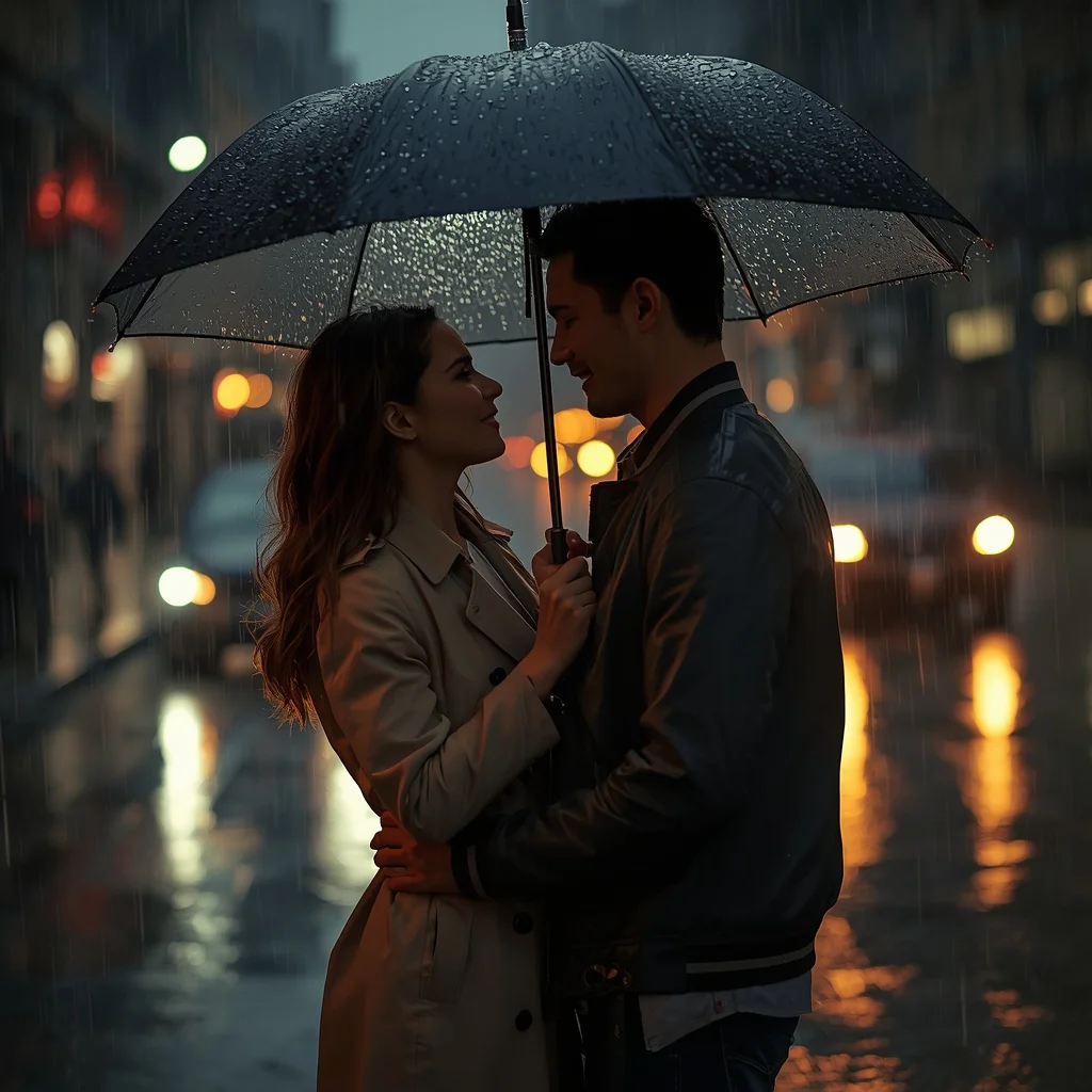 A romantic couple sharing an intimate moment under city rain | Prompt seen trending boy 2026 Instagram