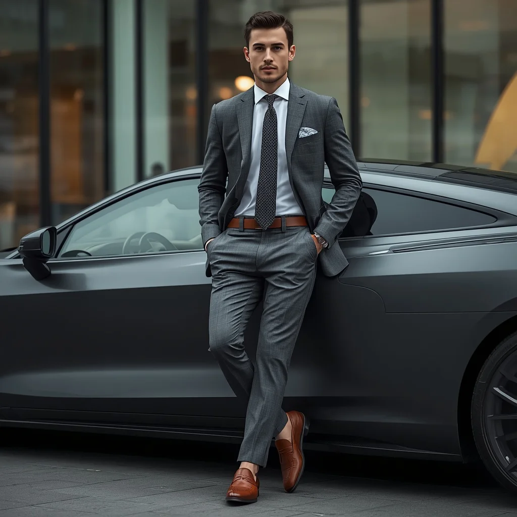 A Stylish Gentleman Posing in a Modern Tailored Suit | image to prompt