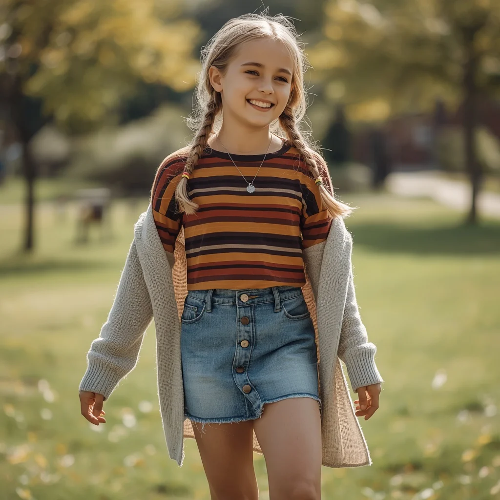 A Young Girl’s Playful and Trendy Western Denim Skirt Outfit | Cheerful Young Girl
