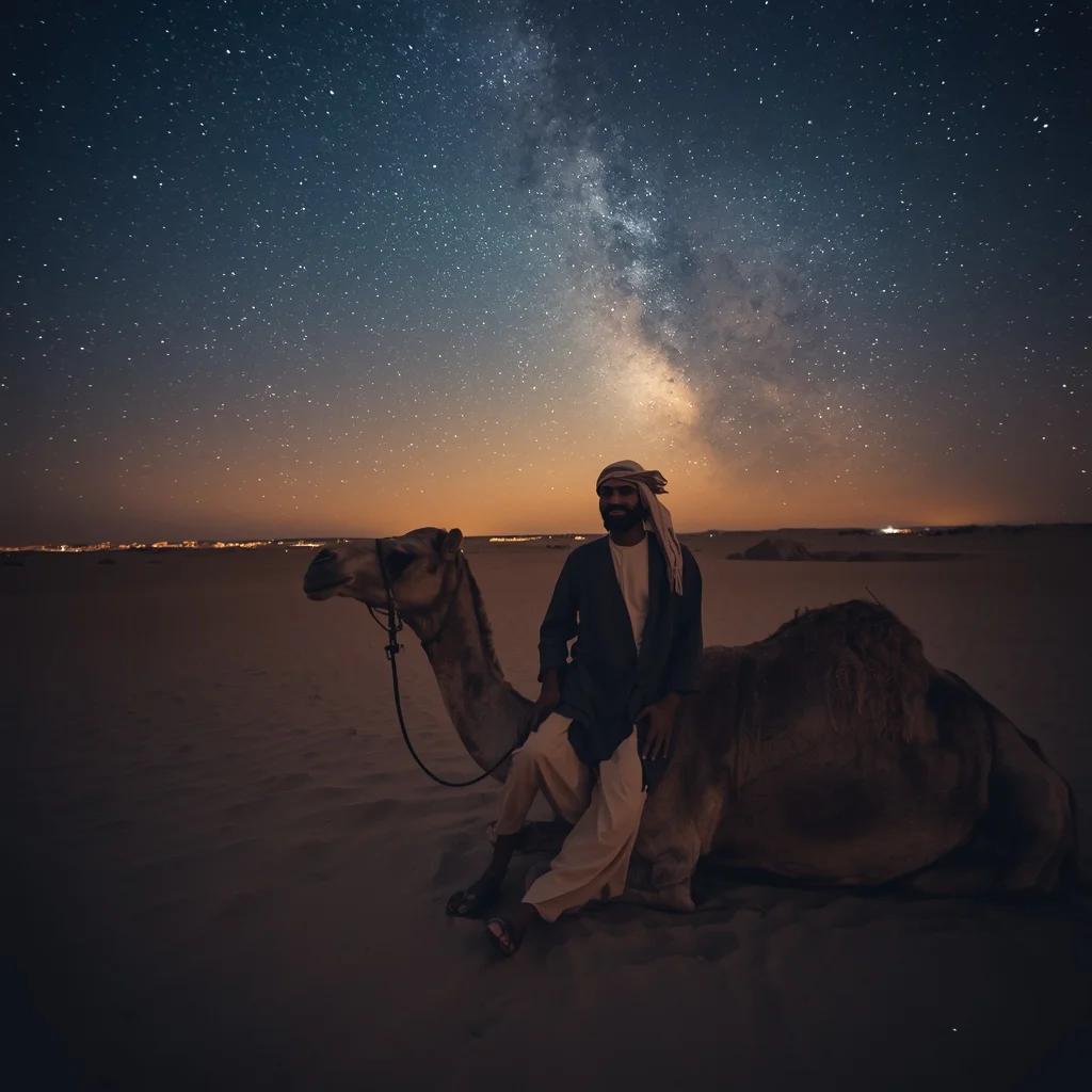 Ancient Caravan: A Man and His Camel Under Desert Stars | ideogram ai prompt