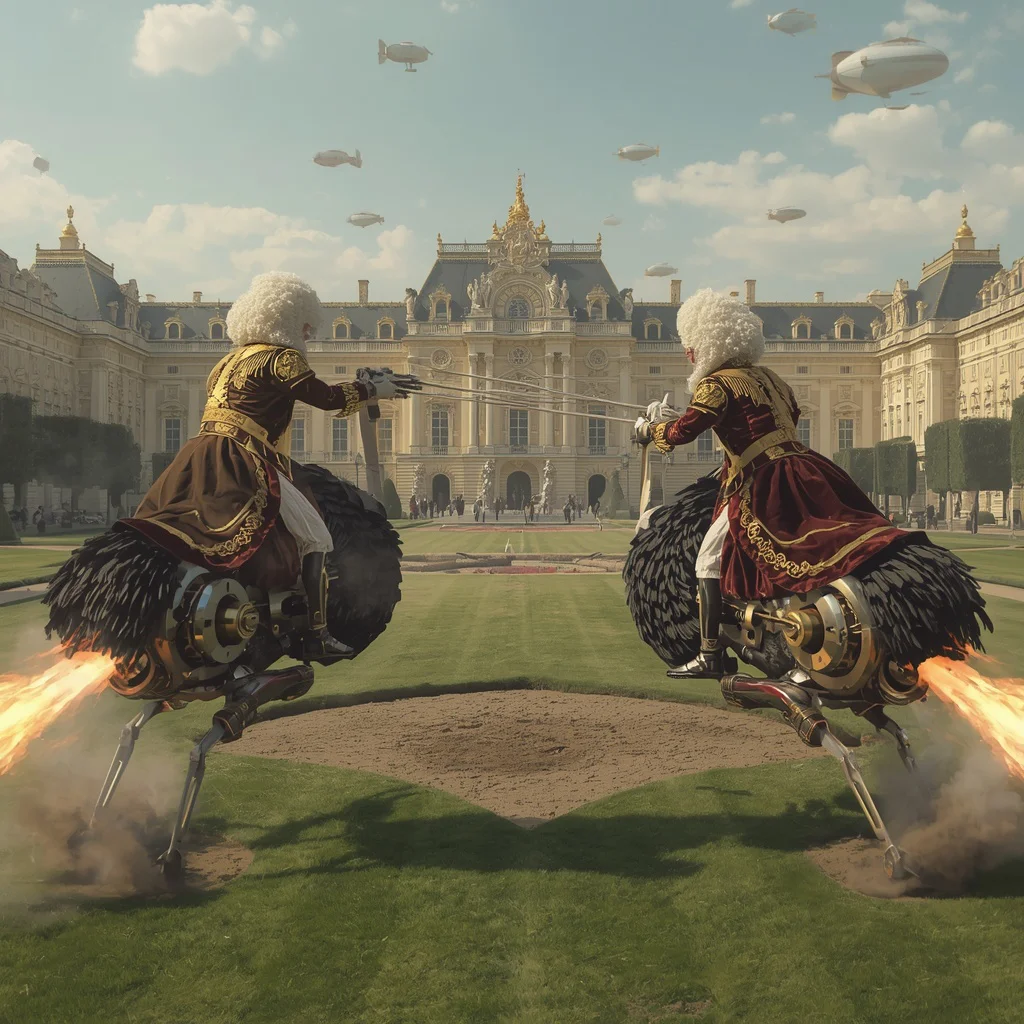 Baroque Aristocrats Conducting A Jousting Tournament On Rocket-Powered Robotic Ostriches (12 words) | Outrageously Elaborate Dynamic