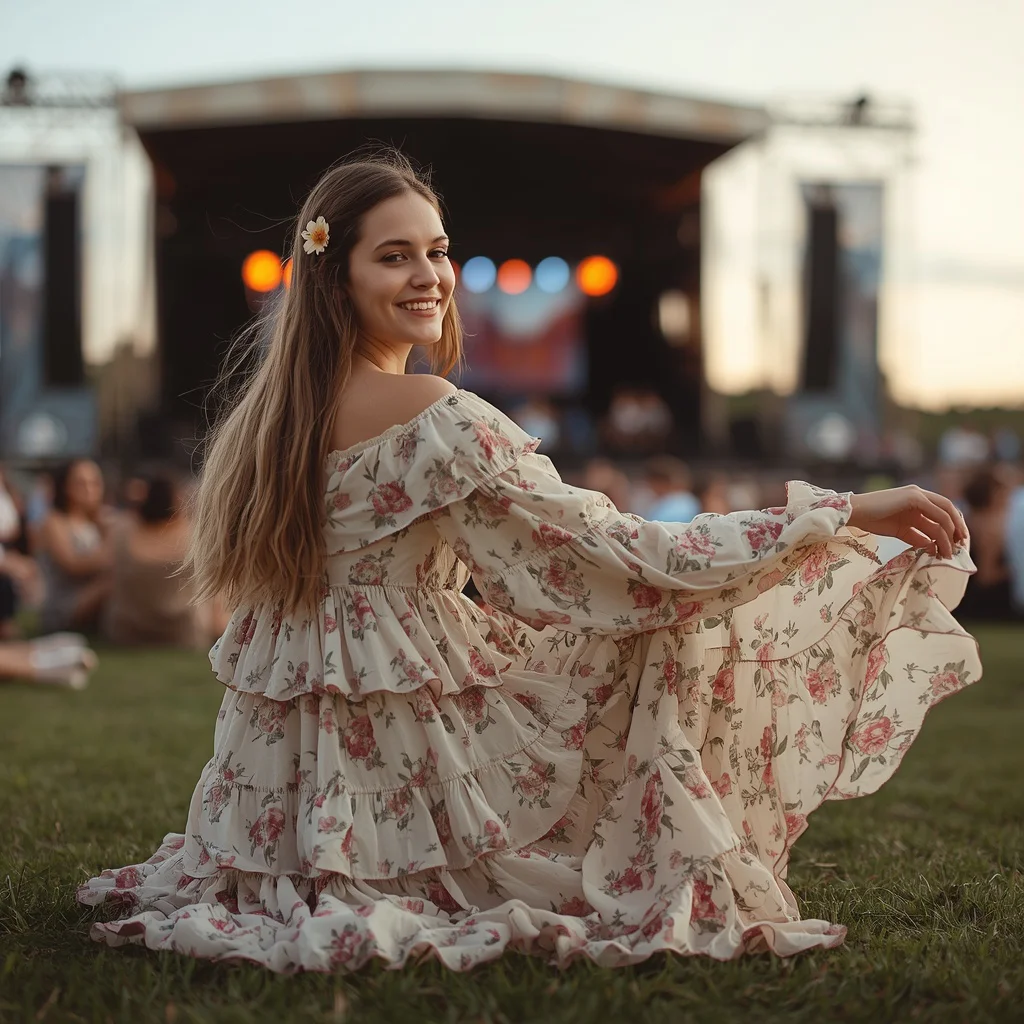 Bohemian Floral Tiered Maxi Dress for a Summer Concert | ai gemini prompt