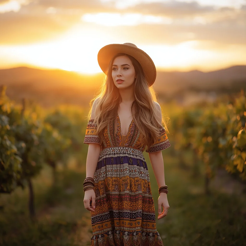 Bohemian Printed Maxi Dress in a Rustic Vineyard Sunset | hd image prompt
