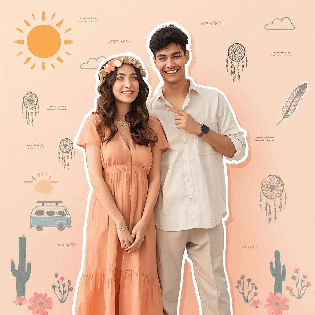 Bohemian Sunset Pastel Sticker Art Couple with Hippie Vibes | Simple couple photo prompt