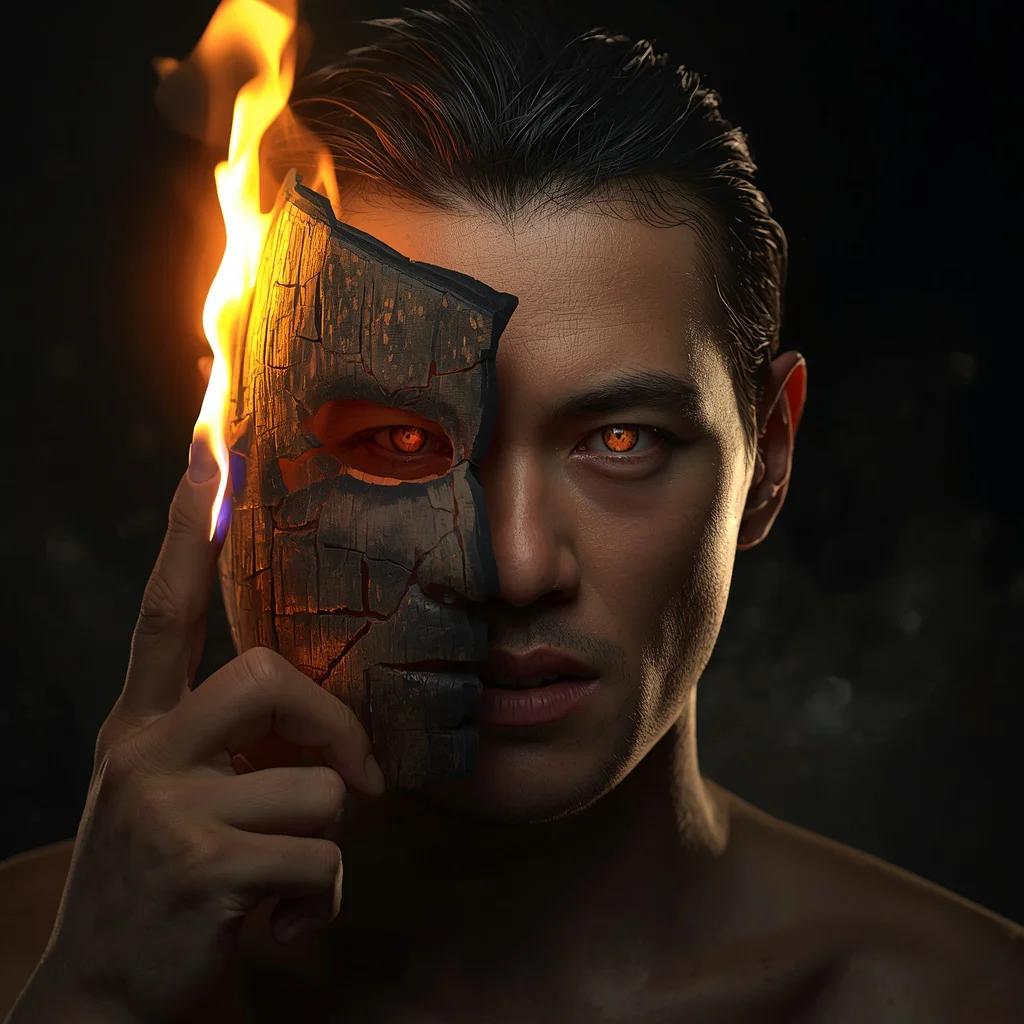 Burning Resolve: A Man’s Intense Gaze Through a Fiery Half-Mask | Prompt seen trending boy AI photo