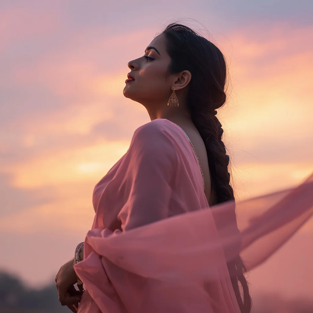 Captivating Profile in a Flowing Pastel Pink Saree | trending photo editing prompt