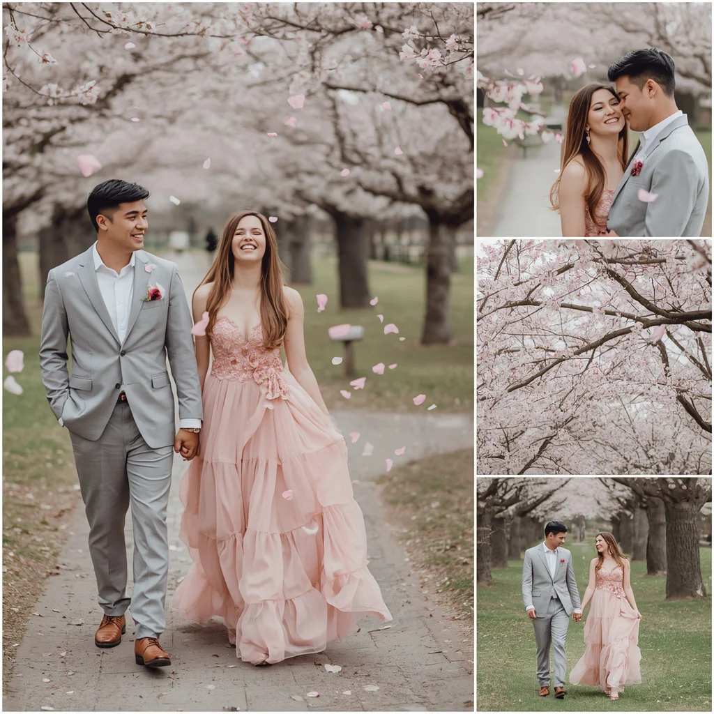 Cherry Blossom Walk with Pink Ruffle Gown | Sweet Romantic Collage