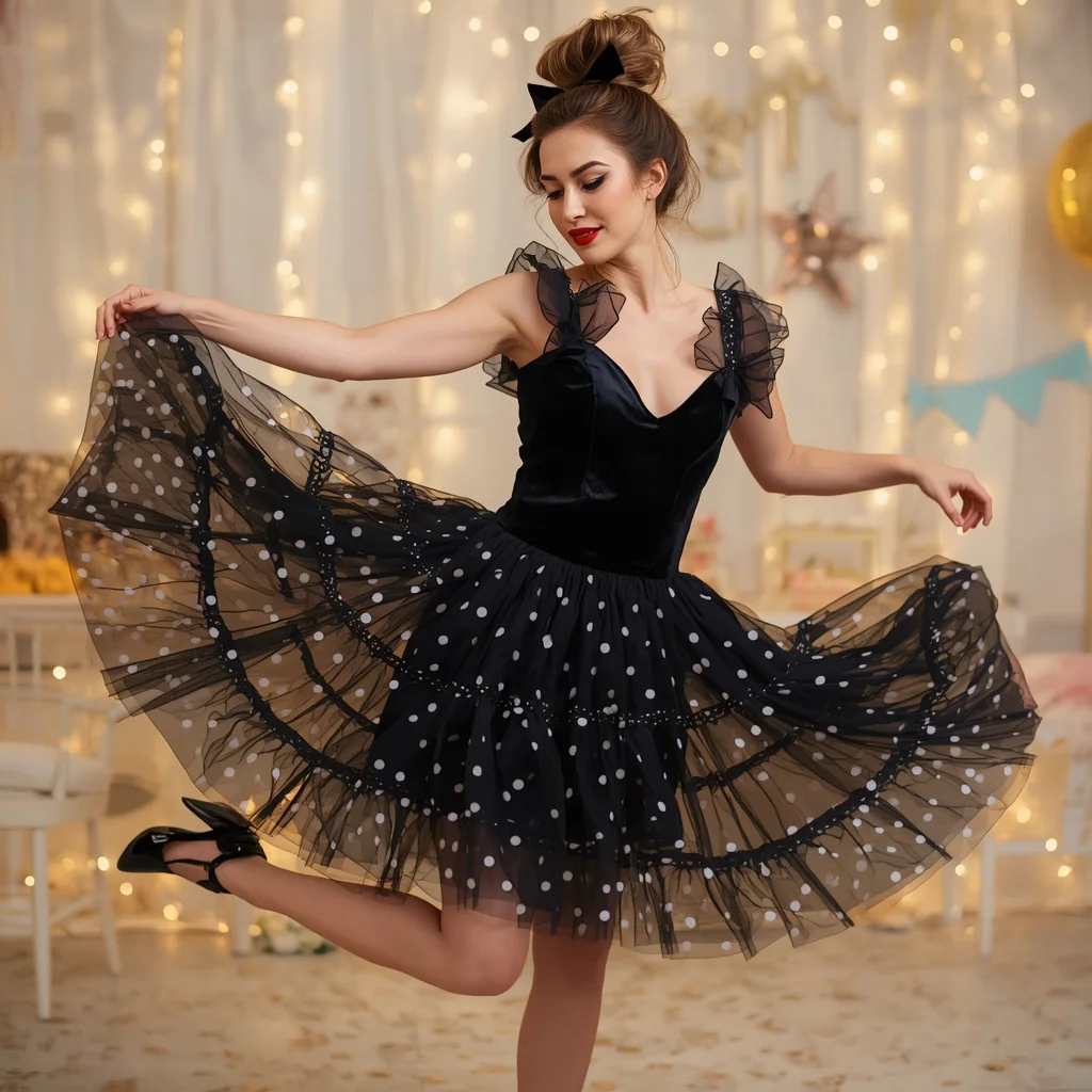 Chic and Playful: A Woman in a Tulle Mini Dress with Polka Dot Details | Prompt for traditional look on Instagram