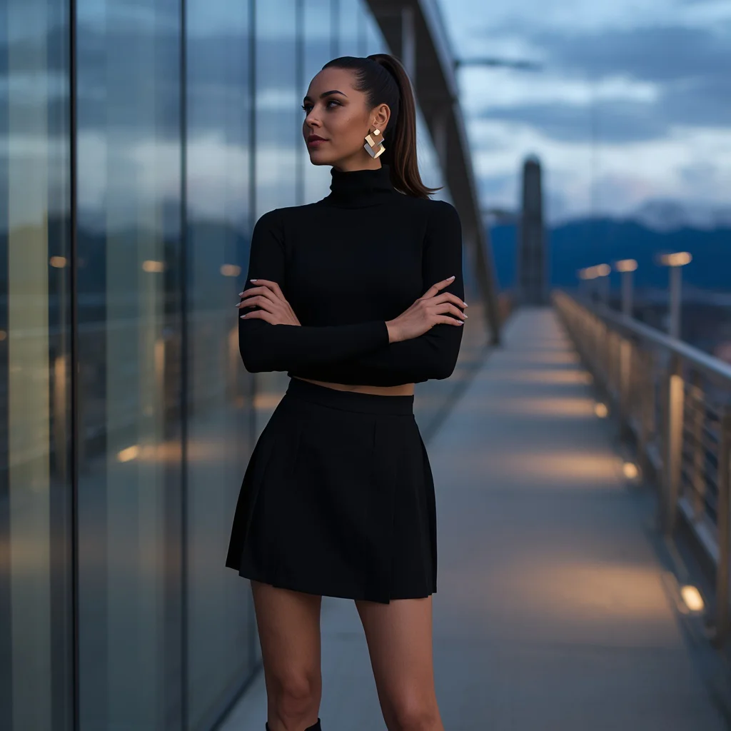 Chic Black Skirt and Cropped Sweater on a Modern City Bridge with Mountain View | profile picture ai prompt