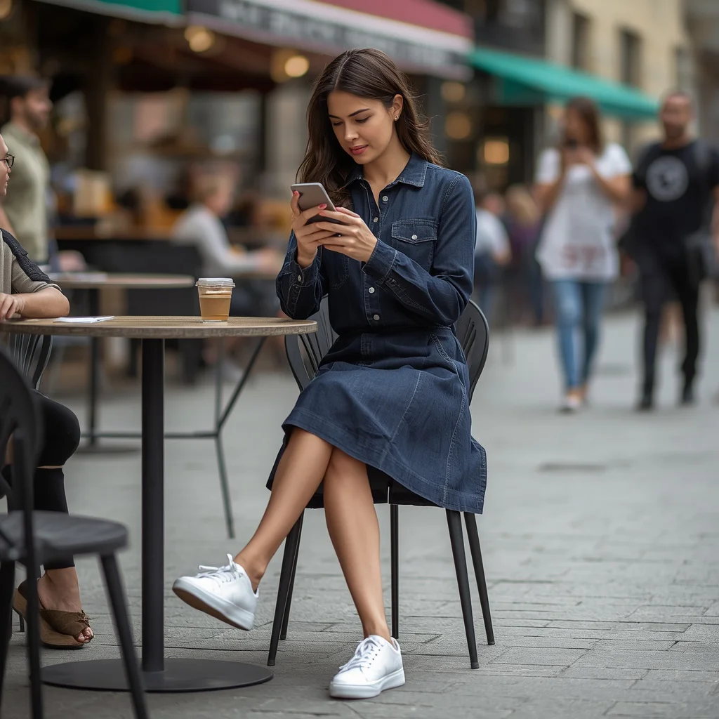 Chic Denim A-Line Dress for an Urban Coffee Break | aesthetic ai prompt