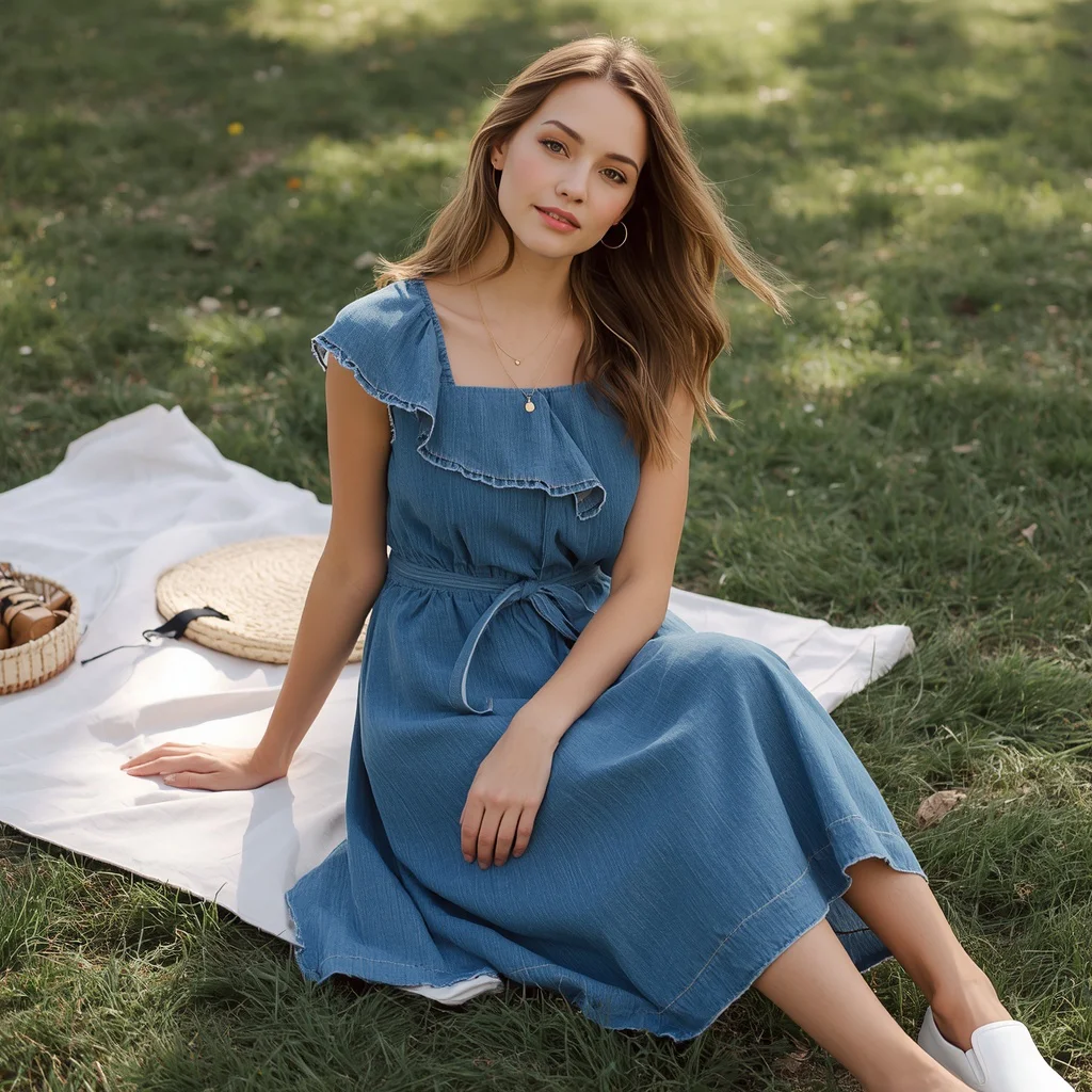 Chic Denim Midi Dress with Belt for a Relaxed Weekend Picnic | Casually Elegant Woman