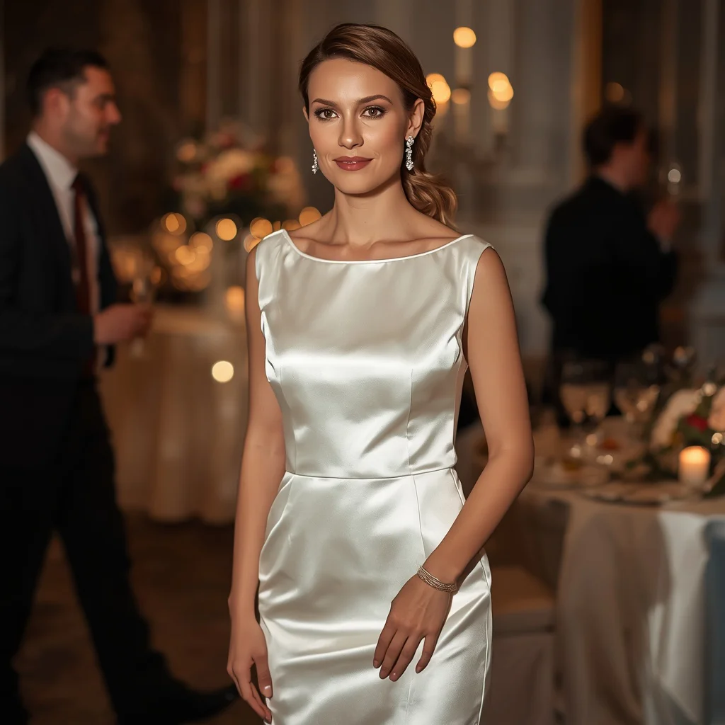 Chic White Satin Cocktail Dress for a Sophisticated Engagement Party | woman pose ai prompt
