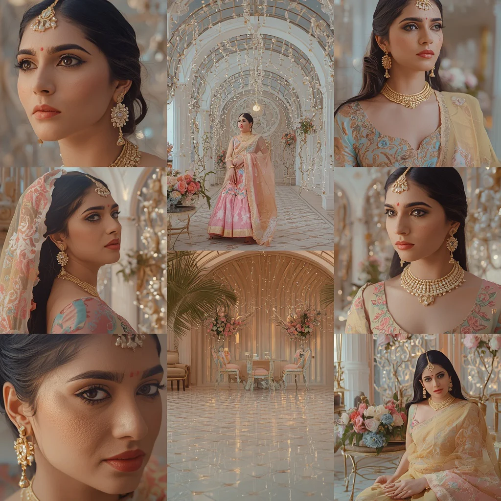 Cinematic Couture Collage in a Moonlit Pearl Garden Hall | prompt for traditional look for couple