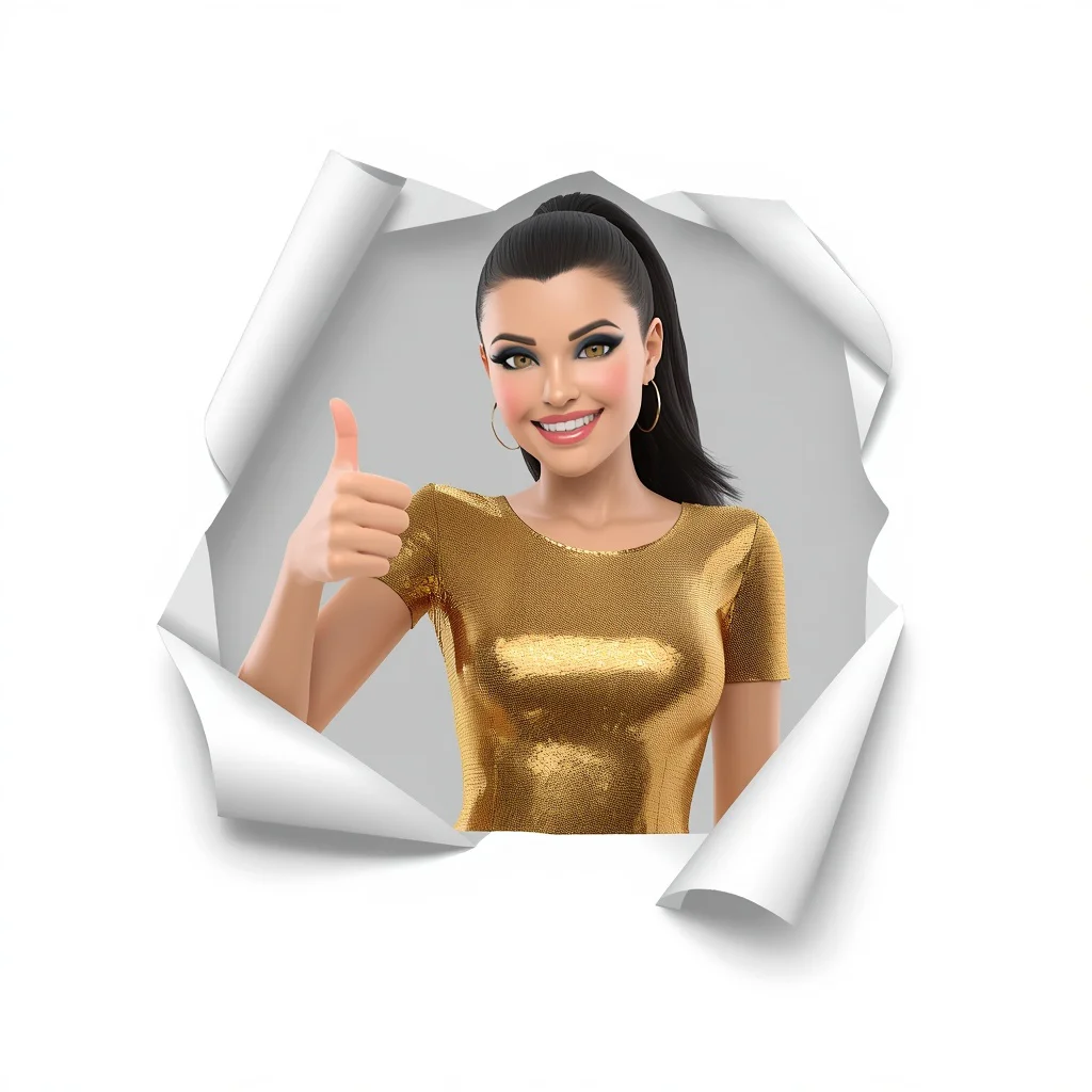 Confident Woman in a Gold Lamé Sequined Dress Giving a Positive Thumbs-Up | Ultra-clean High-resolution Sharp