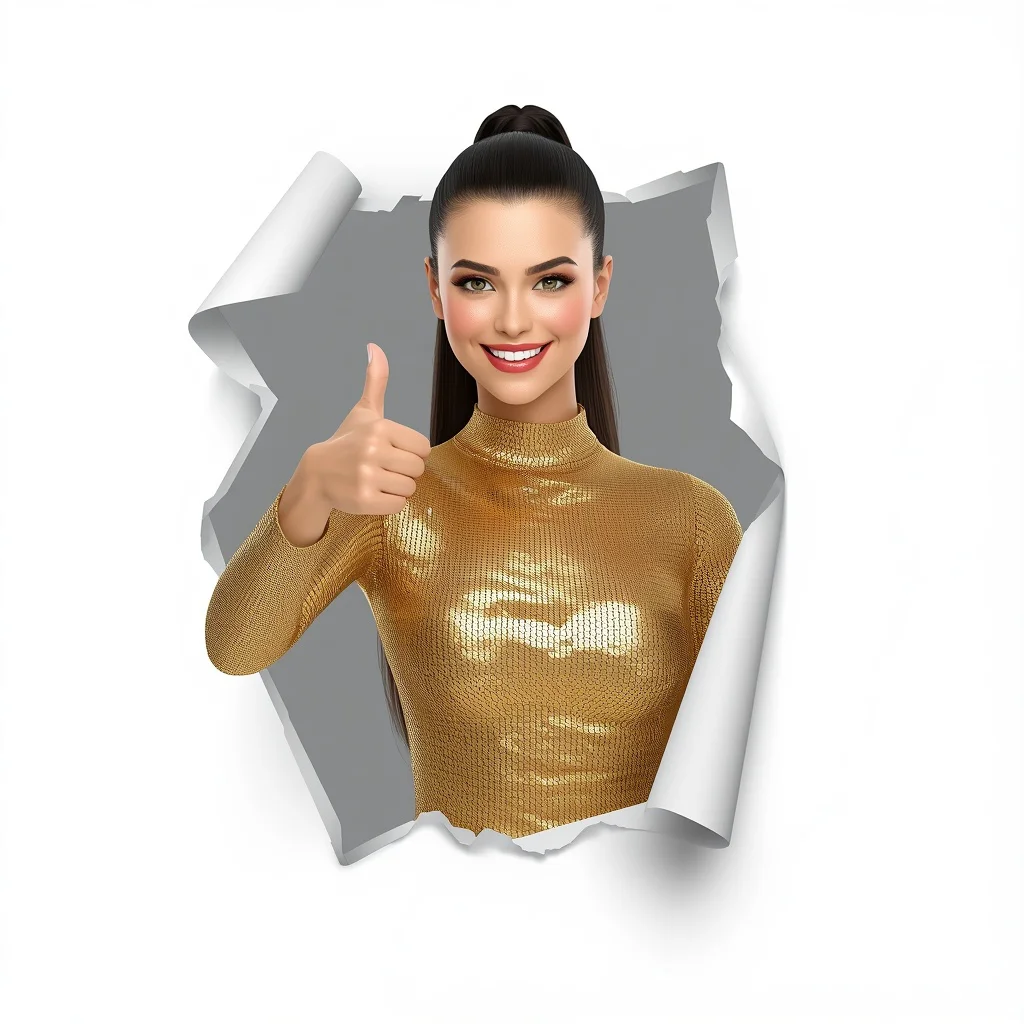 Confident Woman in a Gold Lamé Sequined Dress Giving a Positive Thumbs-Up | Ultra-clean High-resolution Sharp