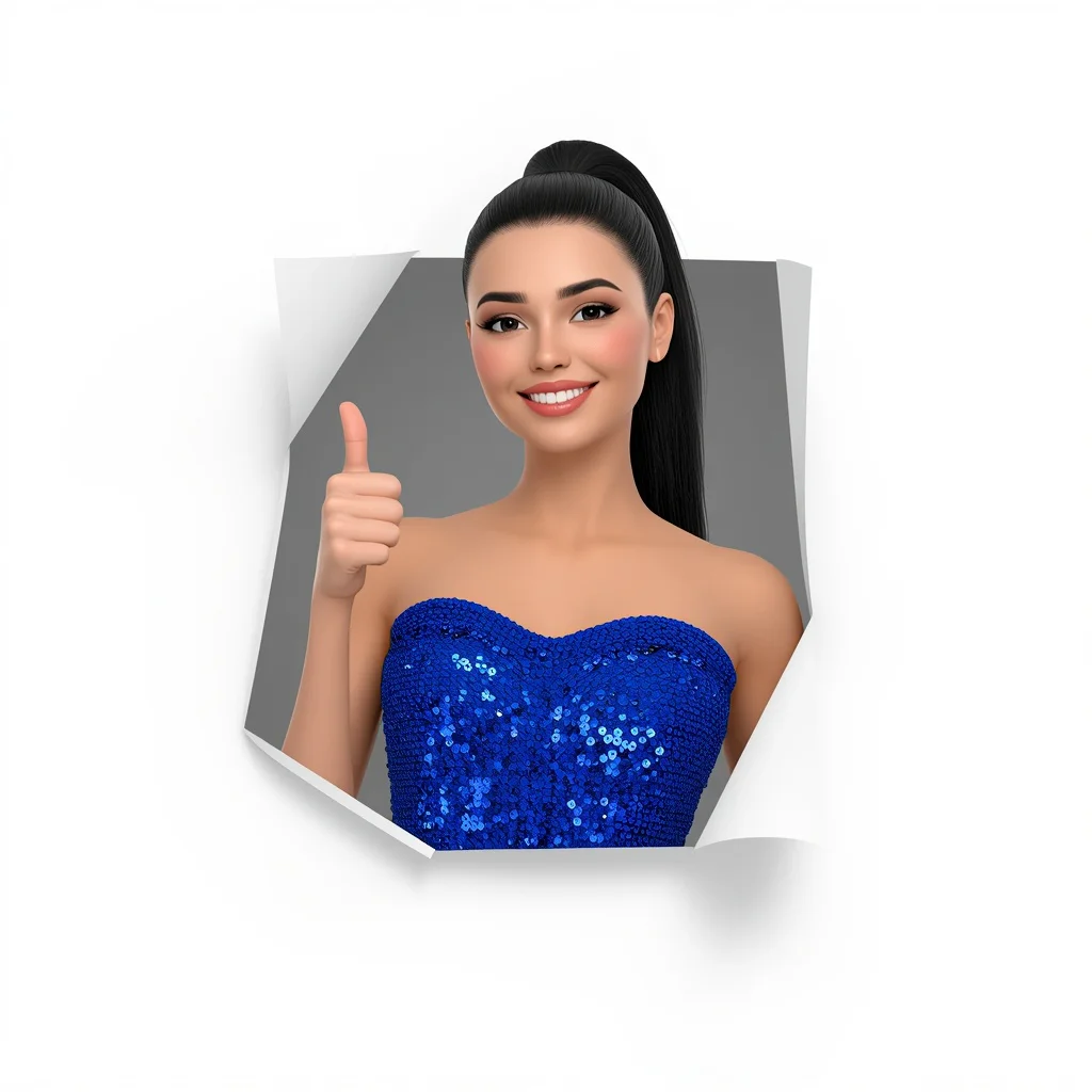 Confident Woman in a Royal Blue Sequined Dress Giving a Positive Thumbs-Up | Ultra-clean High-resolution Sharp