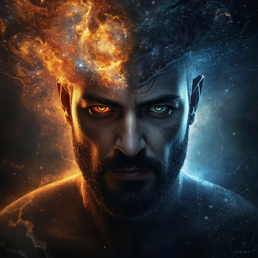 Cosmic Genesis: A Man’s Form Blended with Stars and Dark Matter | Traditional boy Prompt