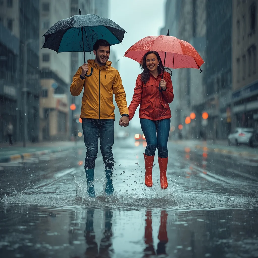 Couple’s Playful Puddle Jumping on a Rainy Day | Couple prompts for AI