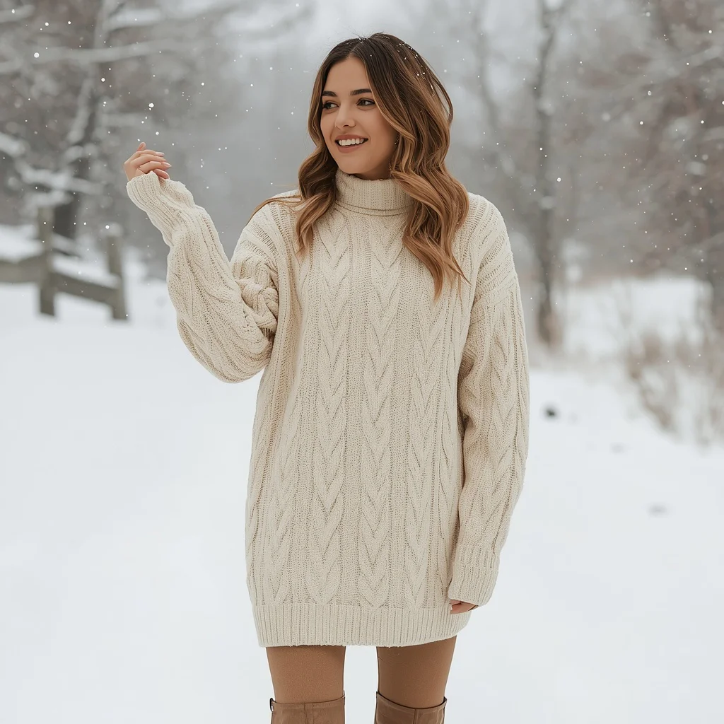 Cozy Cable Knit Sweater Dress for a Snowy Winter Day | easy ai prompt
