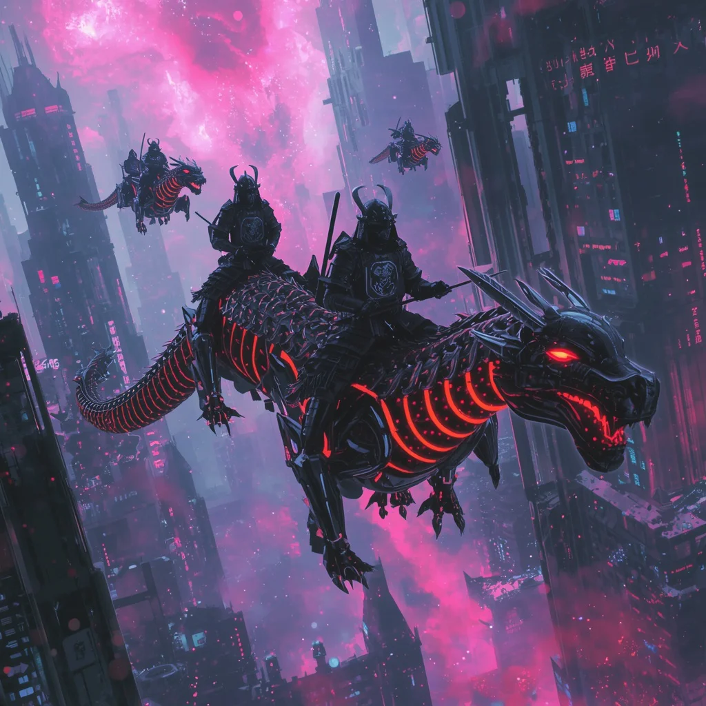Cyber-Samurai Riding Hover-Dragons through a Shattered Neon Skyline in Deep Space (13 words) | Envision Breathtaking High-contrast