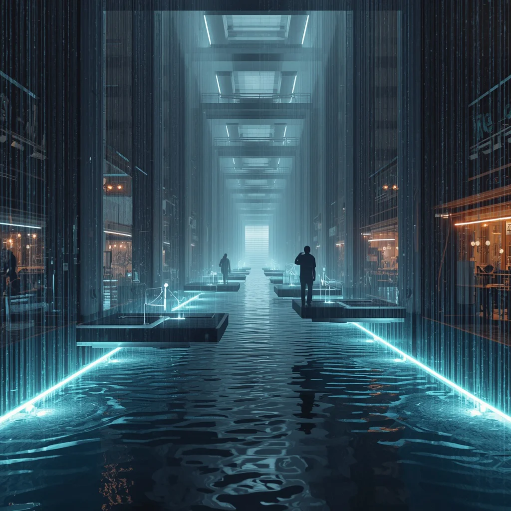Cyberpunk Floating Market City Inside Vertical Rain Columns And Neon Water Streams | Futuristic Floating Market
