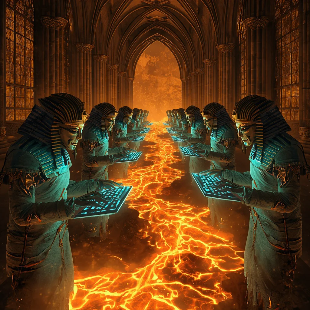 Cyberpunk Mummies Hacking A Gothic Cathedral Mainframe While Standing In Molten Lava (13 words) | Design Explosively Intense