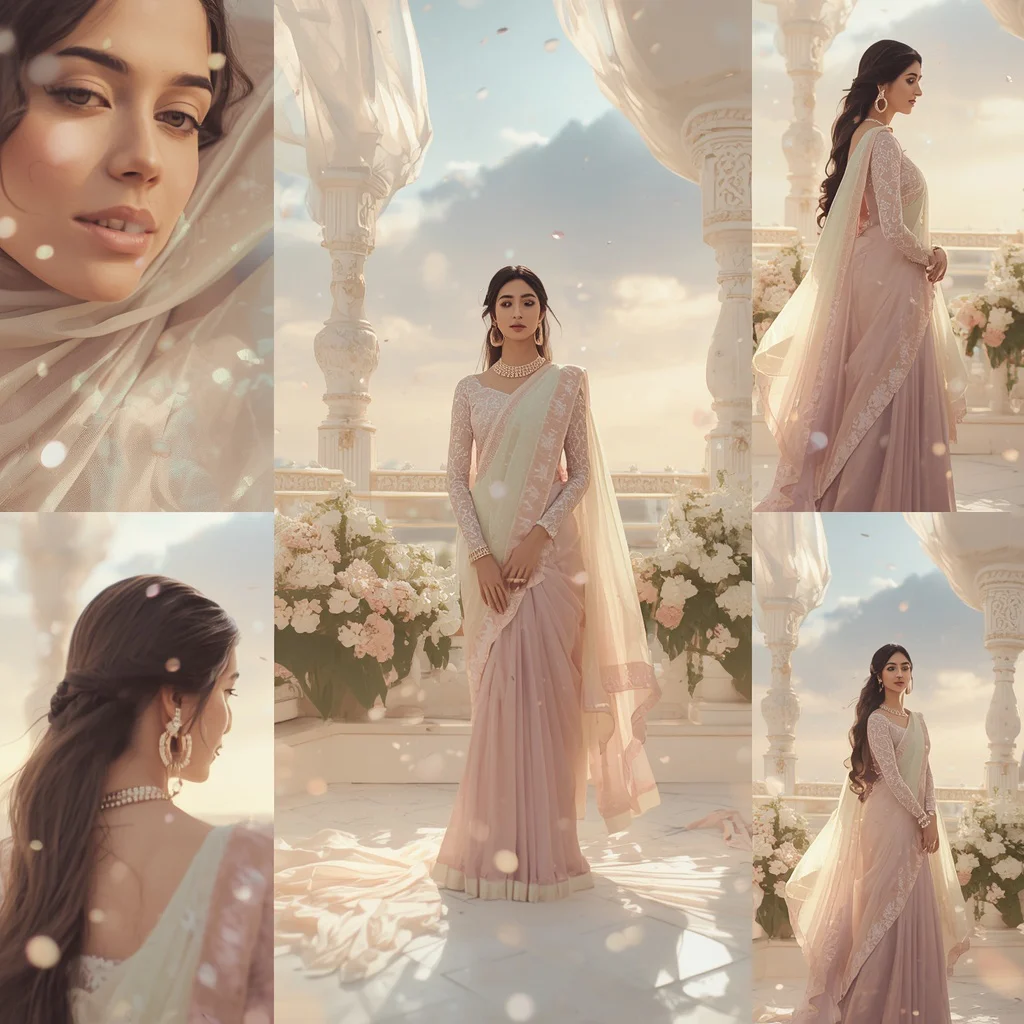 Dreamy Luxury Collage on Celestial Silk Bloom Terrace | saree prompt seen
