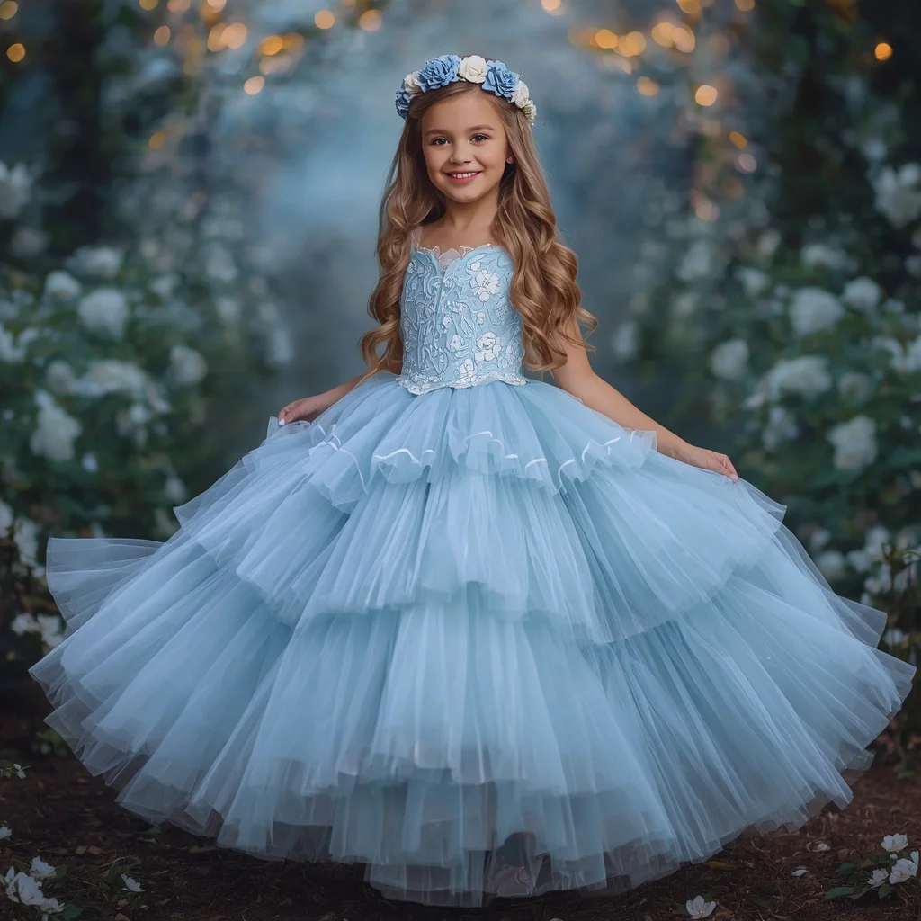 Dreamy Princess: A Pastel Blue Tulle Gown in a Magical Forest | retro style prompt for gemini girl in english