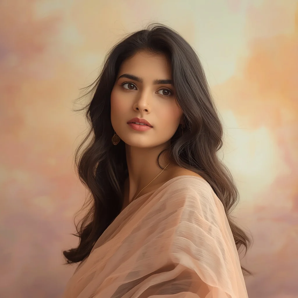 Dreamy Stare in a Pastel Peach Chiffon Saree | Retro style prompt for Gemini girl in saree Instagram