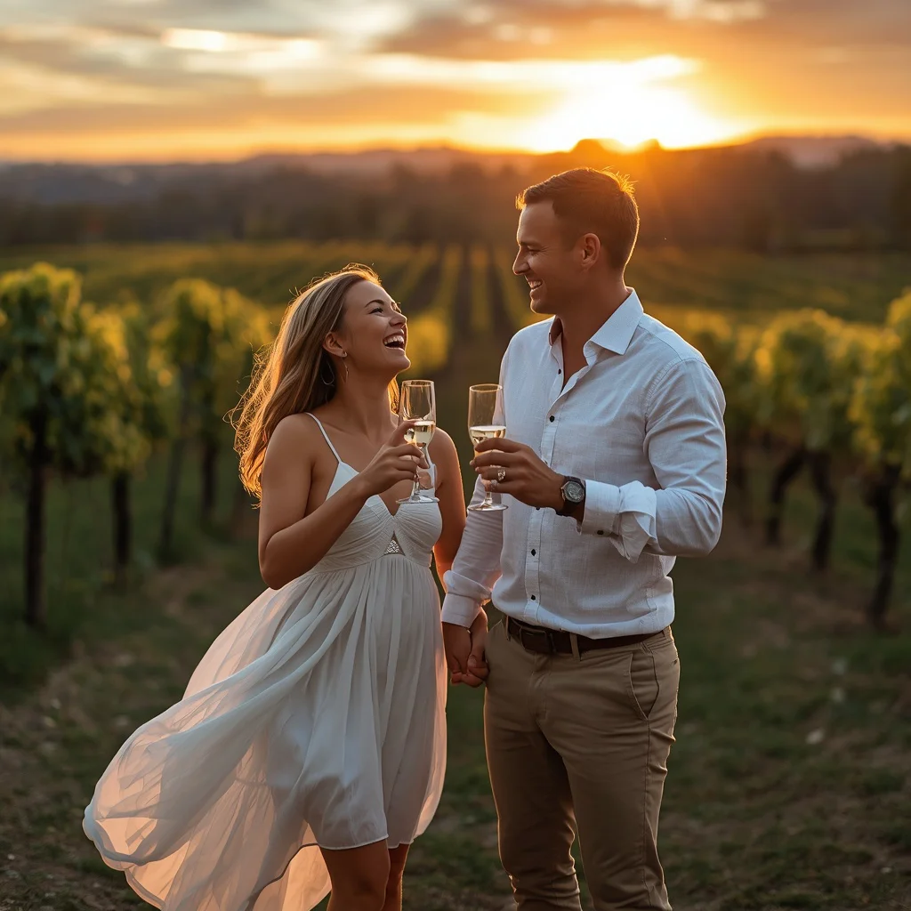 Ecstatic Couple Celebrating Their Engagement at a Winery | ai image prompt
