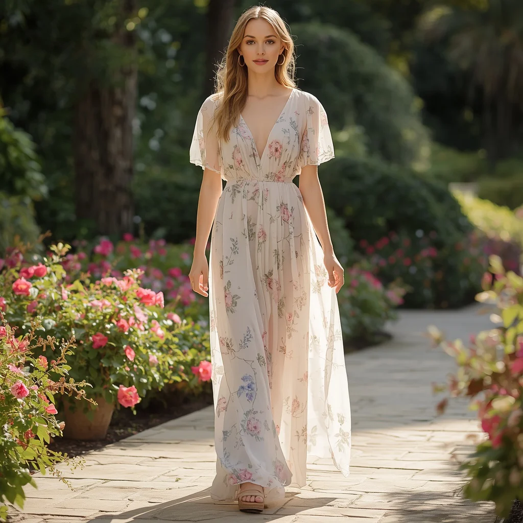 Elegant Chiffon Maxi Dress with Floral Print for a Daytime Event | Prompt seen Girls AI photo editing