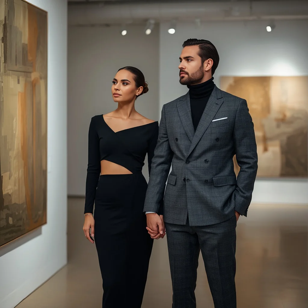 Elegant Duo Attending a Sophisticated Art Gallery Opening | pre wedding ai prompt