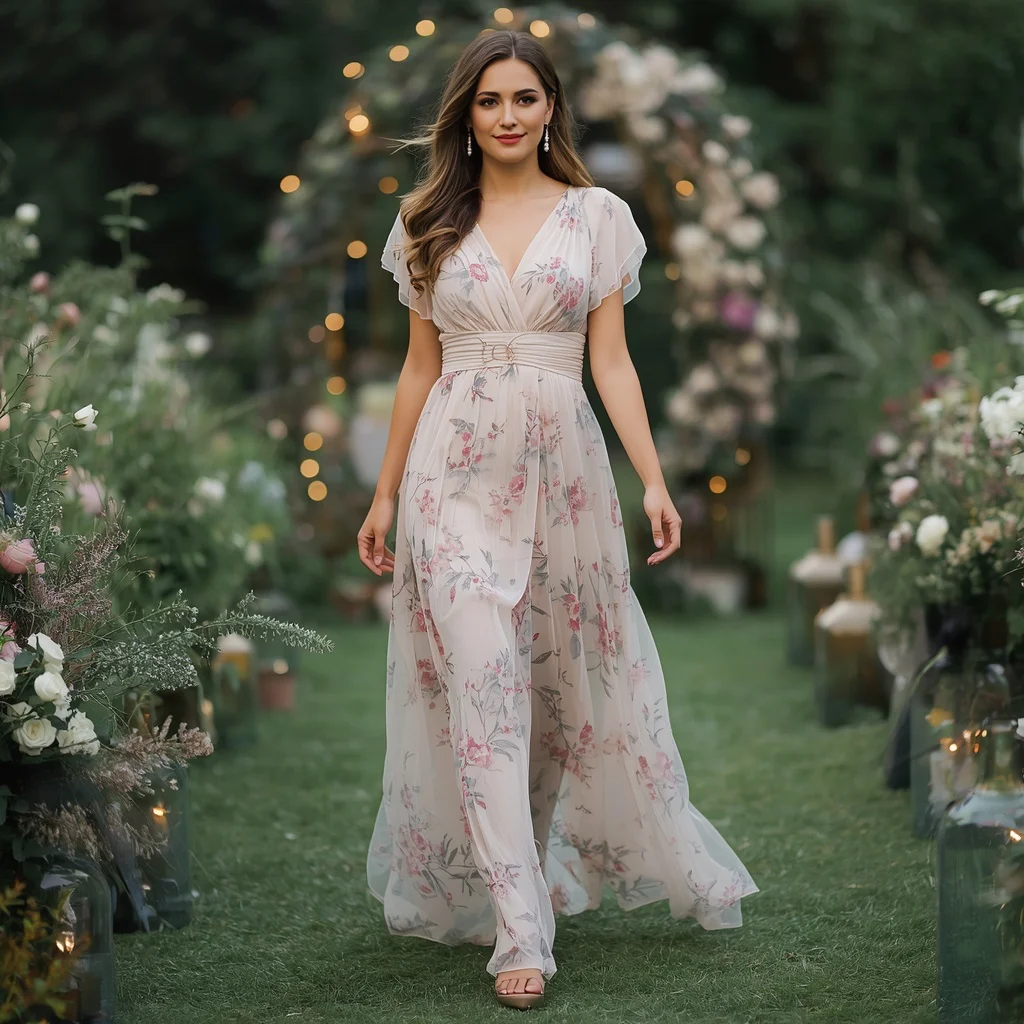 Elegant Floral Chiffon Gown for a Romantic Garden Party | Graceful Woman Her