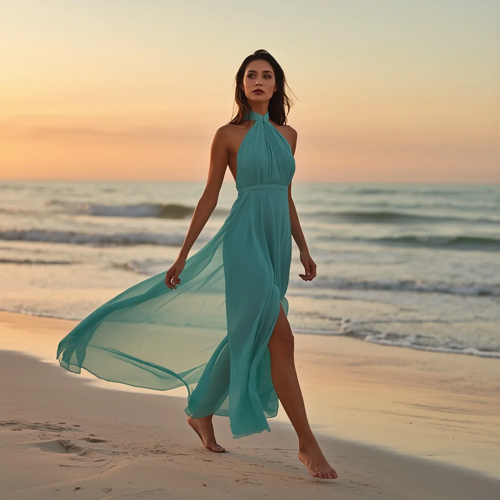 Elegant Halter Neck Maxi Dress for a Sophisticated Beach Party | Graceful Woman Captured