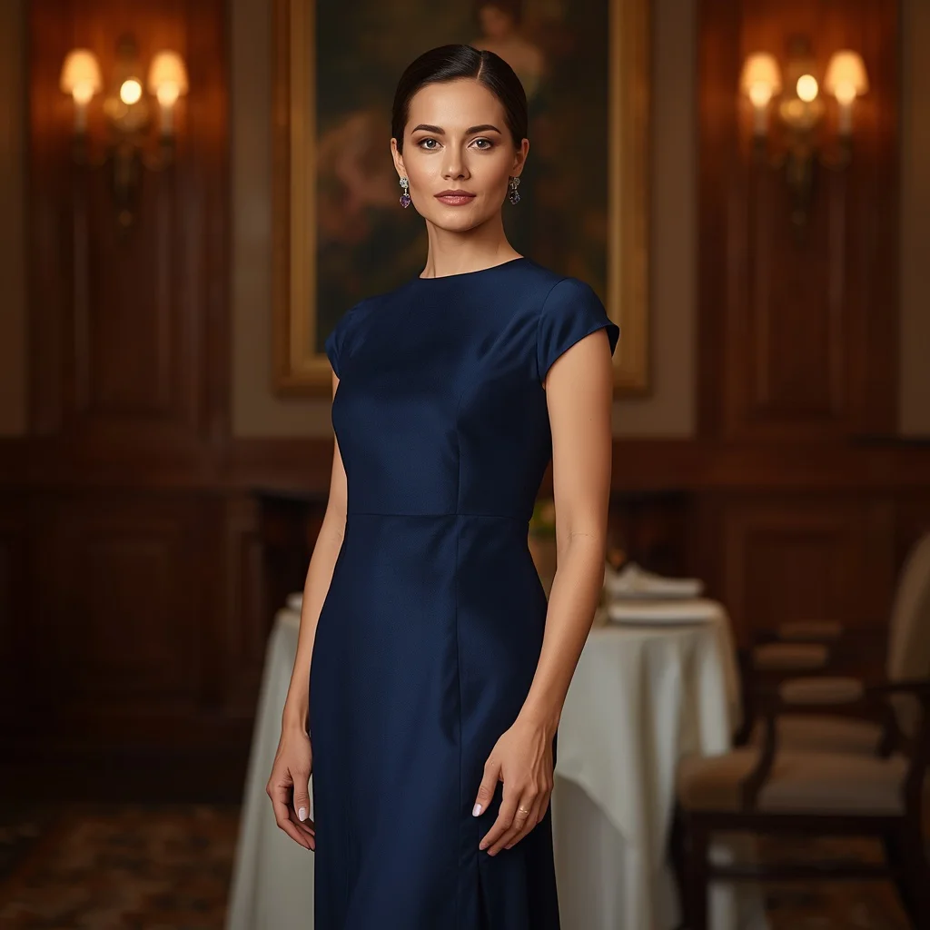 Elegant Navy Blue Column Gown for a Formal Dinner Event | Prompt seen Girls AI photo editing