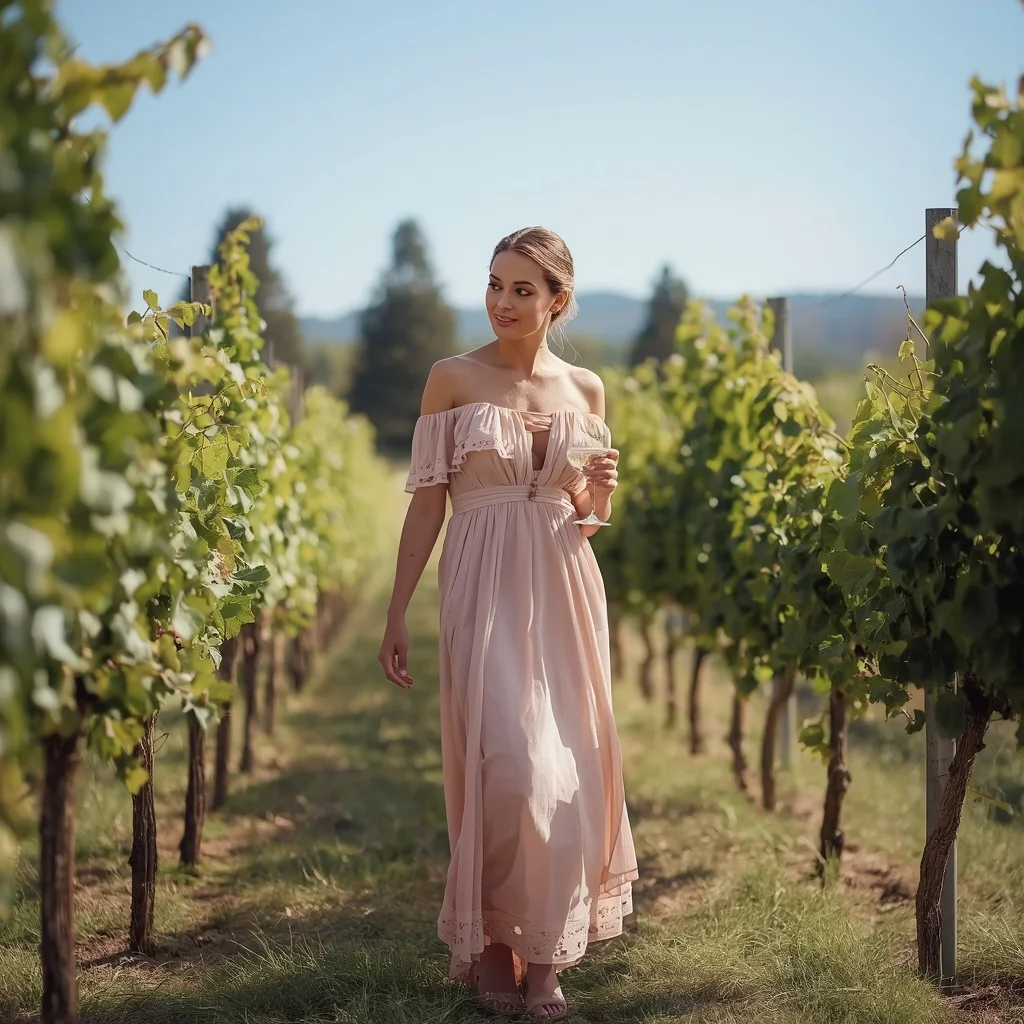 Elegant Off-the-Shoulder Midi Dress for a Winery Tour | stable diffusion prompt