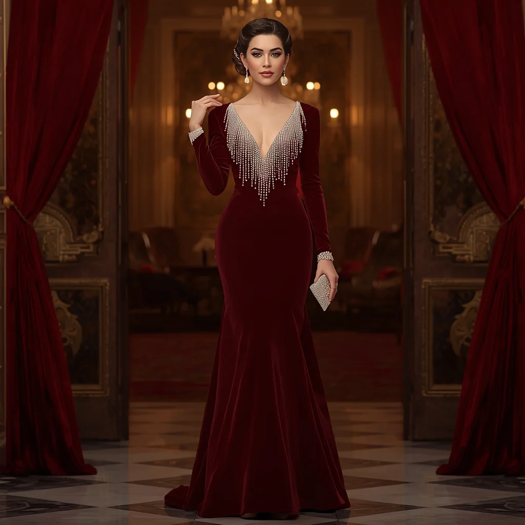 Elegant Pearl Embellished Gown for a Sophisticated Opera Gala | Refined Woman Portrayed