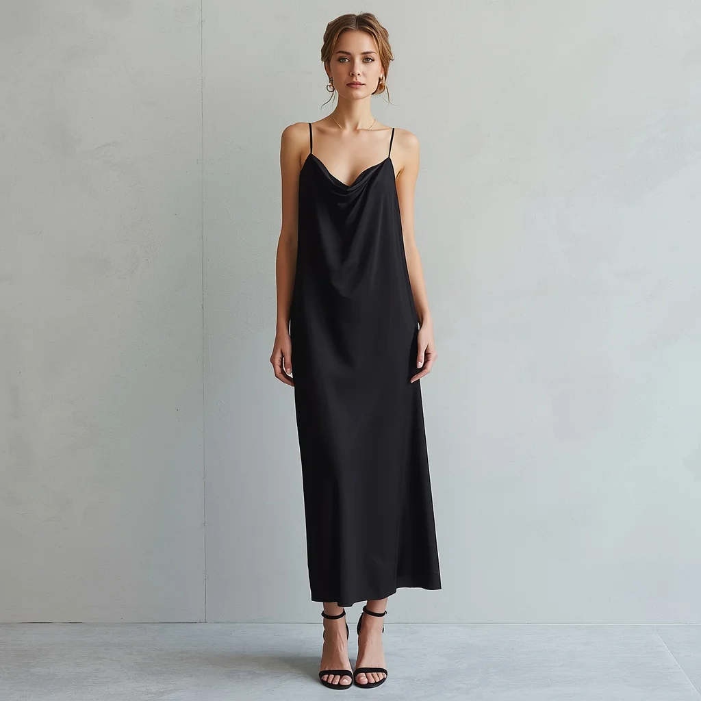Elegant Simplicity: A Woman in a Minimalist Black Slip Dress for an Event | New instagram trend prompt for girl love