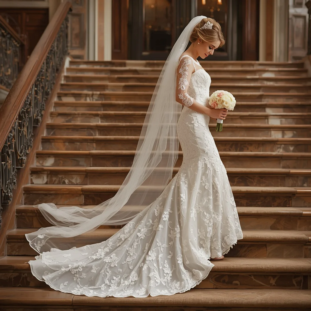 Elegant White Lace Bridal Gown on a Grand Staircase | youtube thumbnail ai prompt